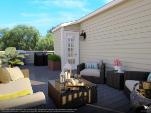 rendering of a modern rooftop deck complete with furniture