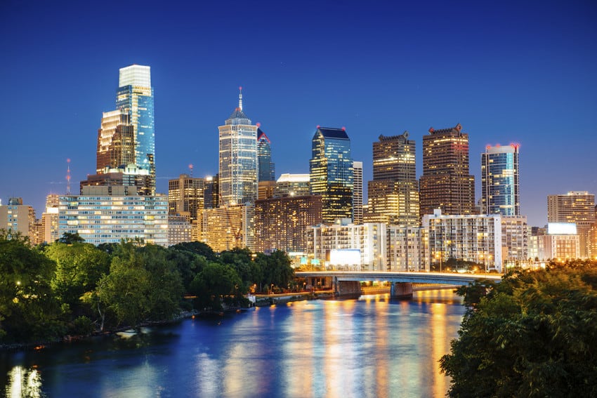 Philadelphia skyline with lights.